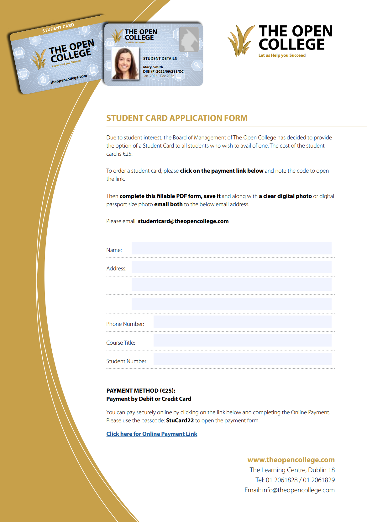 Image of The Open College's Student Card form